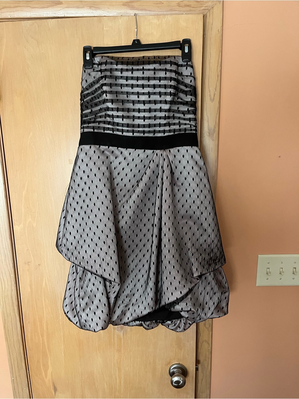 David's Bridal Taupe and Black High-Low Polka Dot Dress